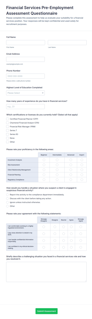 Financial Services Pre Employment Assessment Questionnaire Form Template