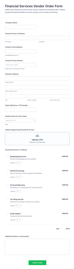Financial Services Vendor Order Form Template