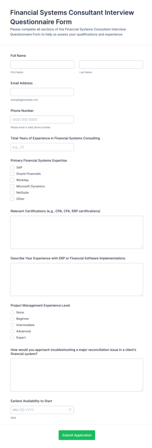 Financial Systems Consultant Interview Questionnaire Form Template