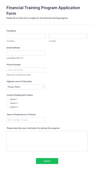 Financial Training Program Application Form Form Template