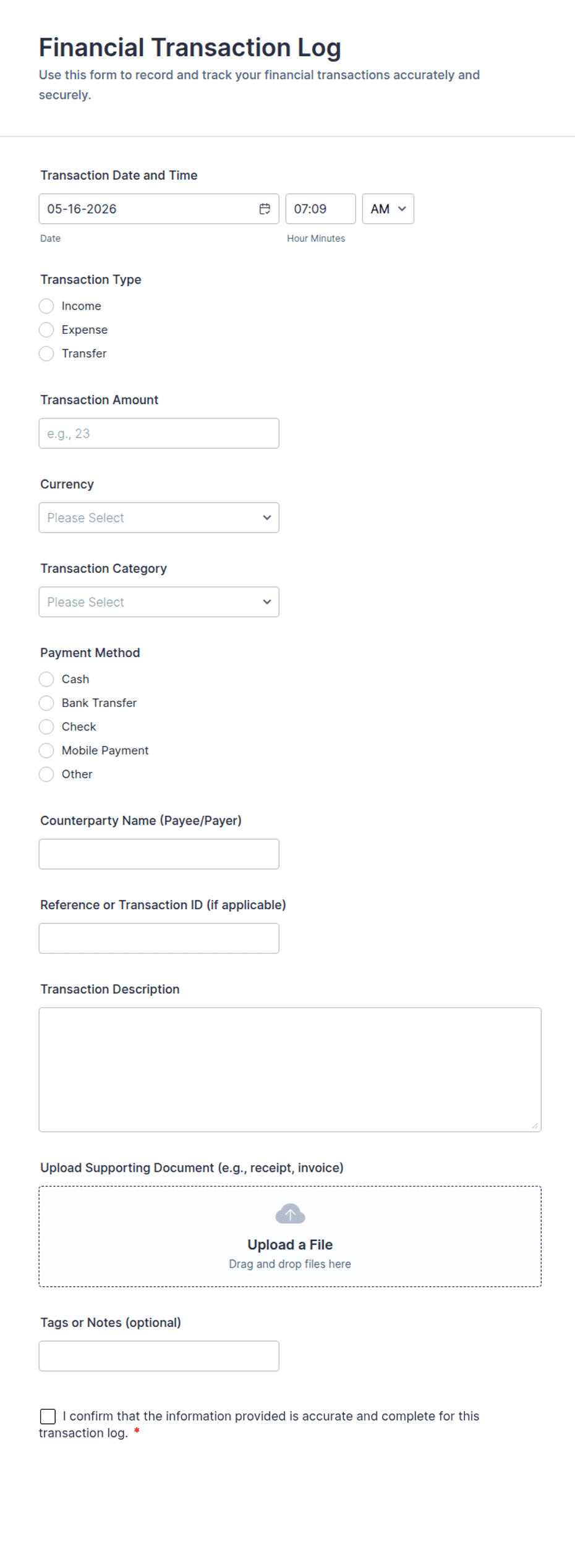 Transaction Log Simple Financial Transaction Log Form Template | Jotform