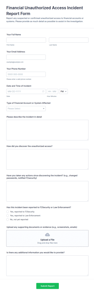 Financial Unauthorized Access Incident Report Form Template