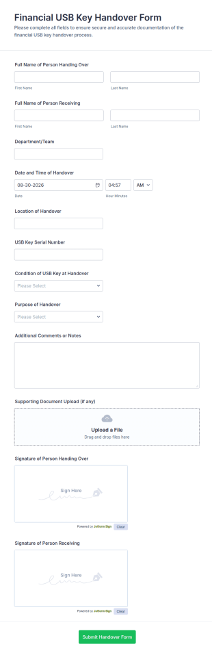 Financial USB Key Handover Form Template