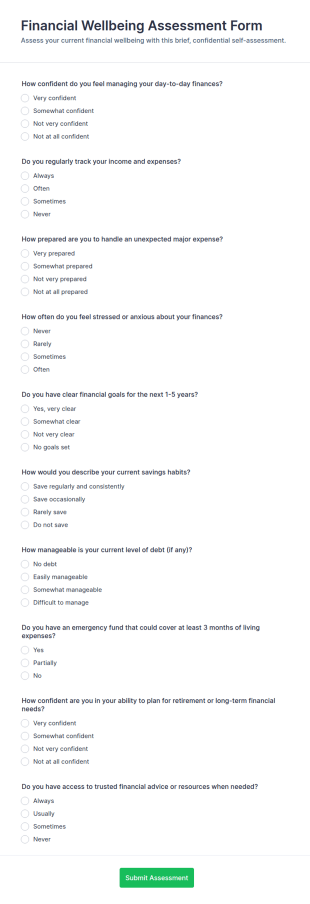 Financial Wellbeing Assessment Form Template
