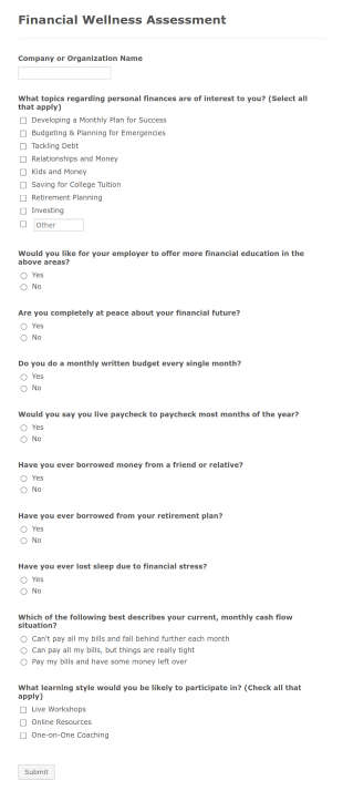 Financial Wellness Assessment Form Template