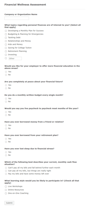 Financial Wellness Assessment Form Template