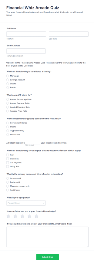 Financial Whiz Arcade Quiz Form Template