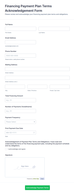 Financing Payment Plan Terms Acknowledgement Form Template