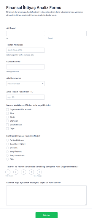 Finansal İhtiyaç Analiz Form Şablonu