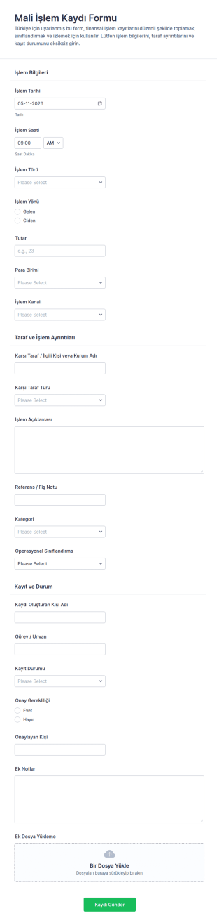 Finansal İşlem Günlüğü Form Şablonu