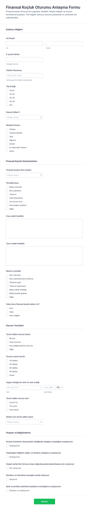 Finansal Koçluk Oturumu Anlaşma Form Şablonu