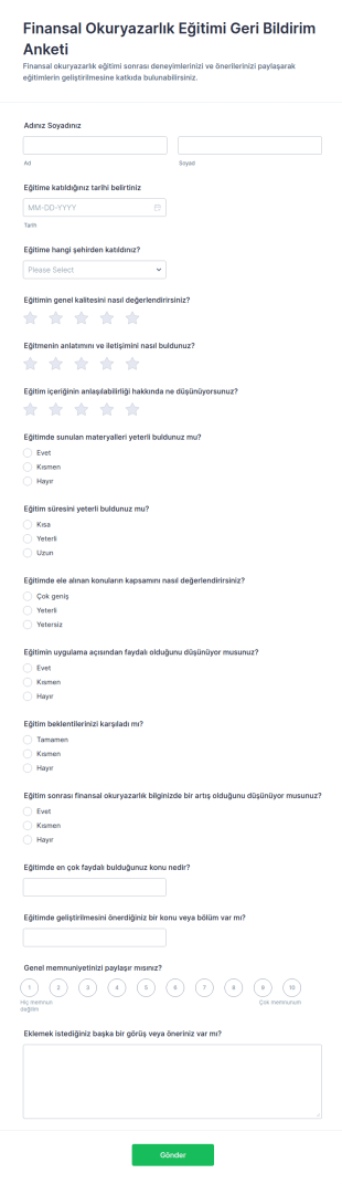 Finansal Okuryazarlık Eğitim Geri Bildirim Anketi Form Şablonu