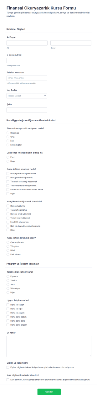 Finansal Okuryazarlık Kursu Kayıt Form Şablonu