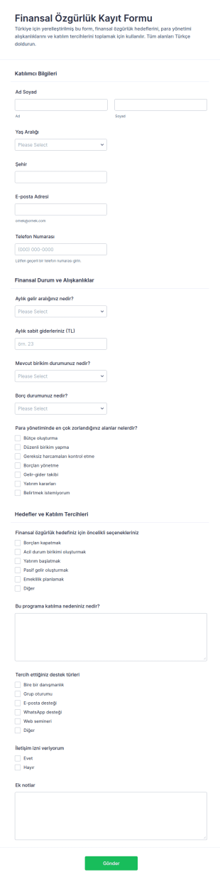 Finansal Özgürlük Kayıt Form Şablonu