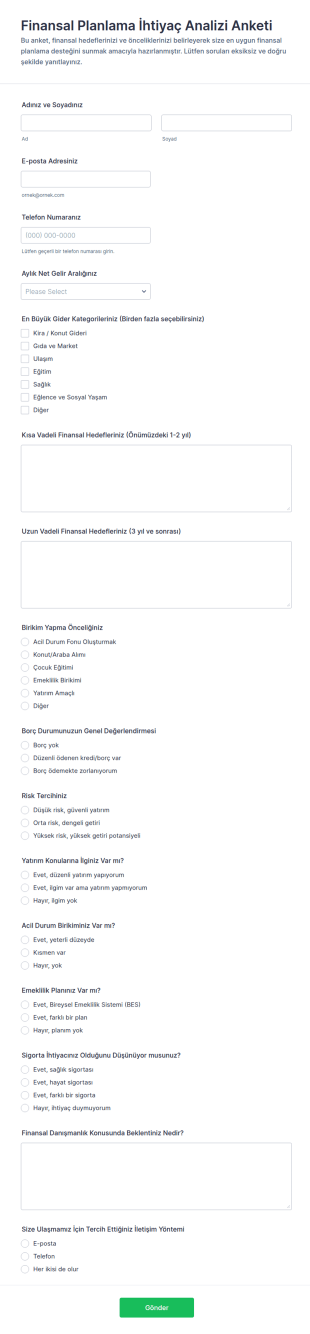 Finansal Planlama Anketi Form Şablonu