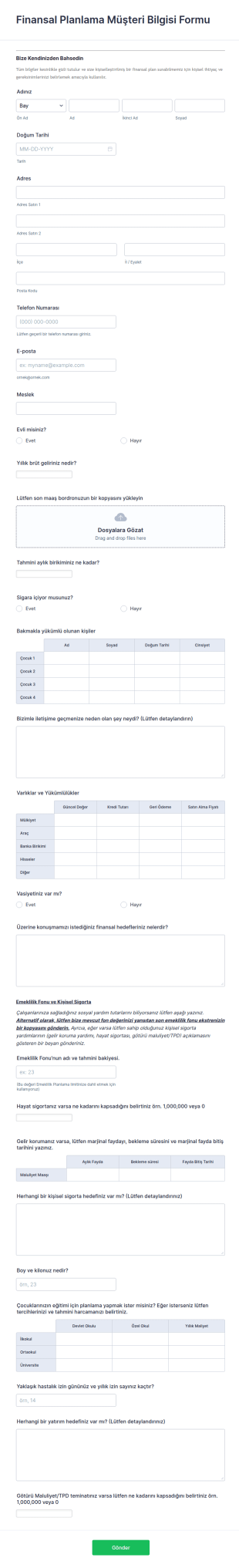 Finansal Planlama Müşteri Bilgisi Form Şablonu