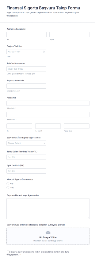 Finansal Sigorta Başvuru Talep Form Şablonu
