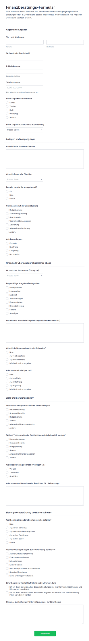 Finanzberatungsaufnahme Fragebogen