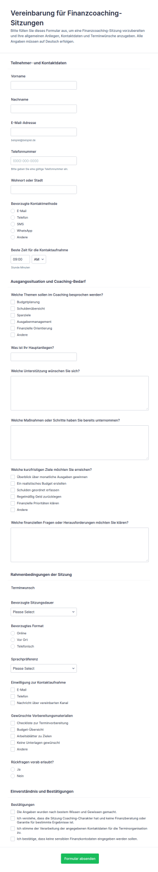 Finanzielle Coaching Sitzungsvereinbarung Formular