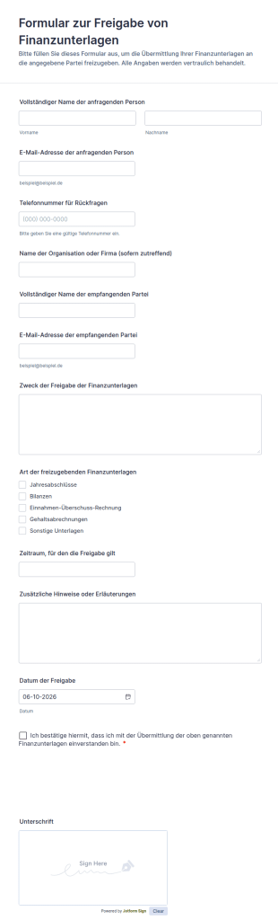 Finanzielle Unterlagenfreigabe Formular