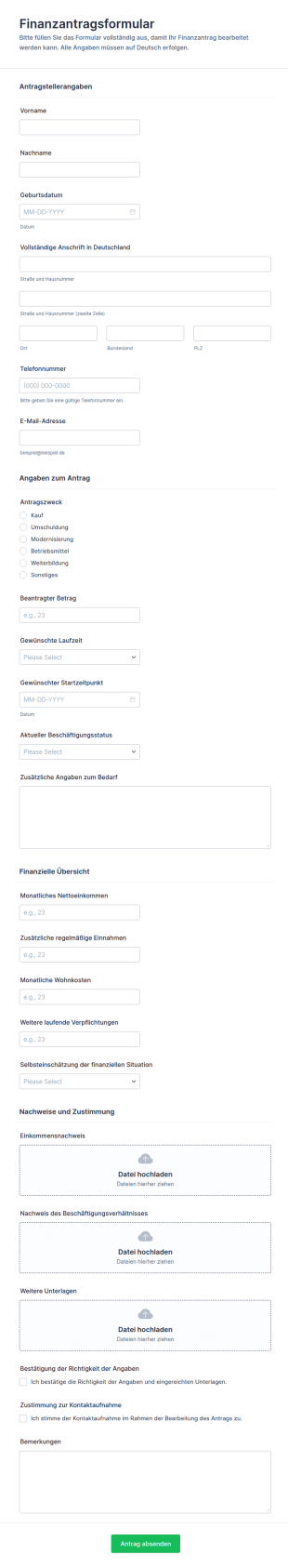 Finanzierungsanfrage Formular