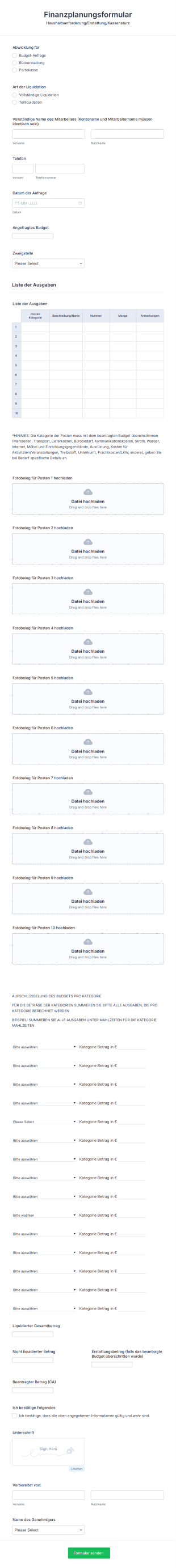 Finanzplanungsformular Form Template