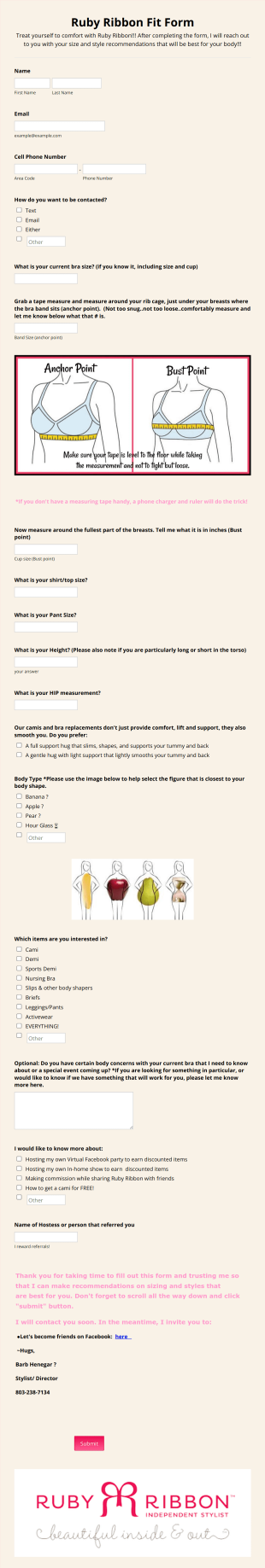 Find MY FIT Ruby Ribbon Personal SizingStyle Questionnaire Form Template