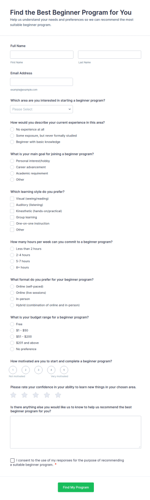 Find The Best Beginner Program For You Form Template