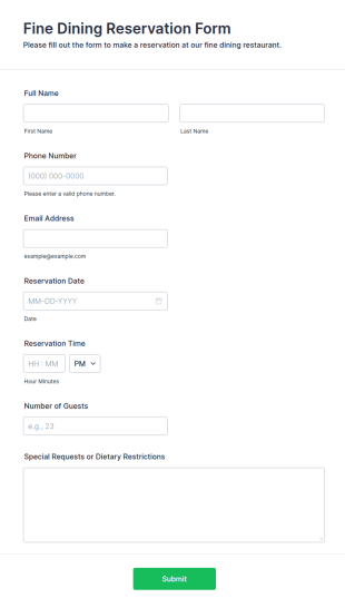 Fine Dining Reservation Form Template