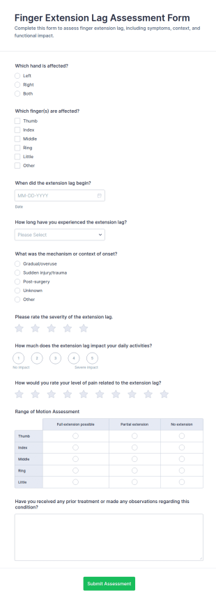 Finger Extension Lag Assessment Form Template