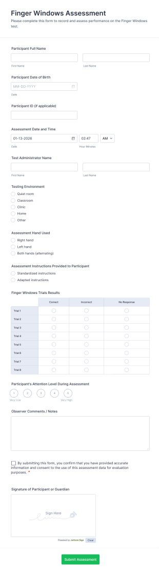 Finger Windows Assessment Form Template