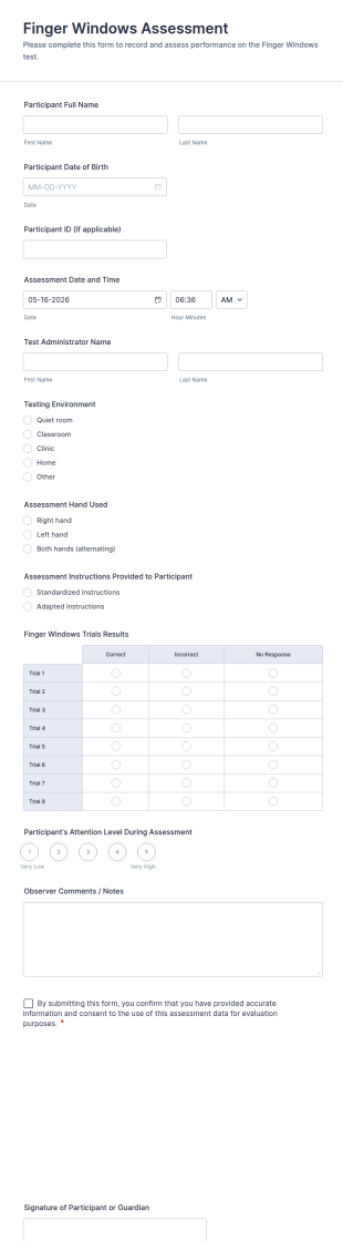 Finger Windows Assessment Form Template