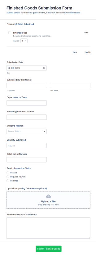 Finished Goods Submission Form Template