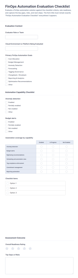 FinOps Automation Evaluation Checklist Form Template