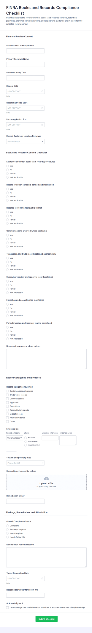 FINRA Books And Records Compliance Checklist Form Template