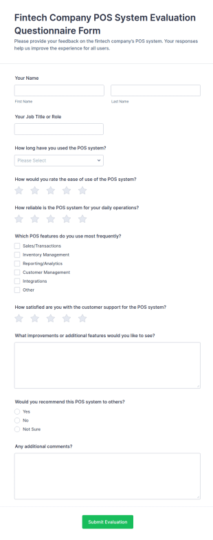 Fintech Company POS System Evaluation Questionnaire Form Template