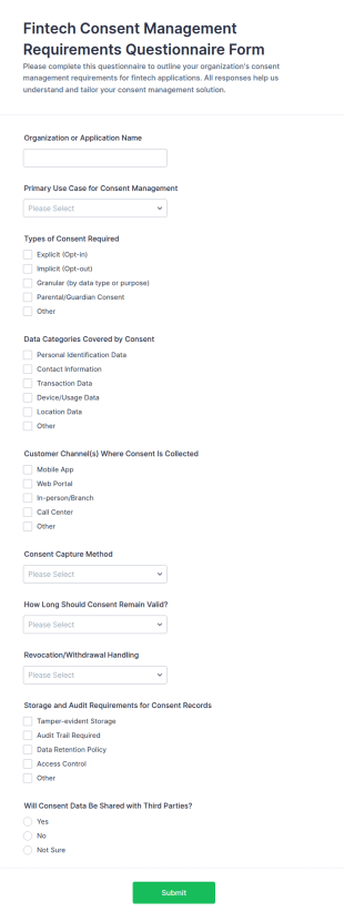 Fintech Consent Management Requirements Questionnaire Form Template