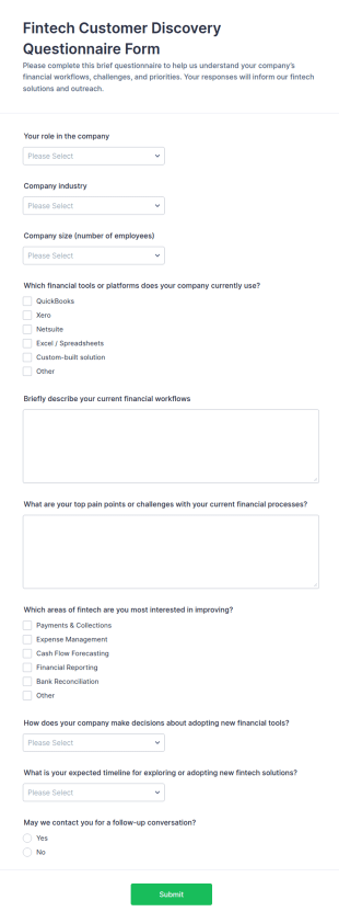Fintech Customer Discovery Questionnaire Form Template