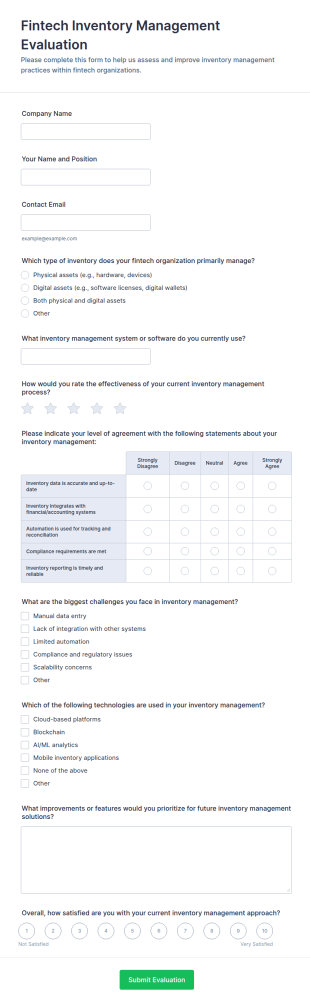 Fintech Inventory Management Evaluation Form Template