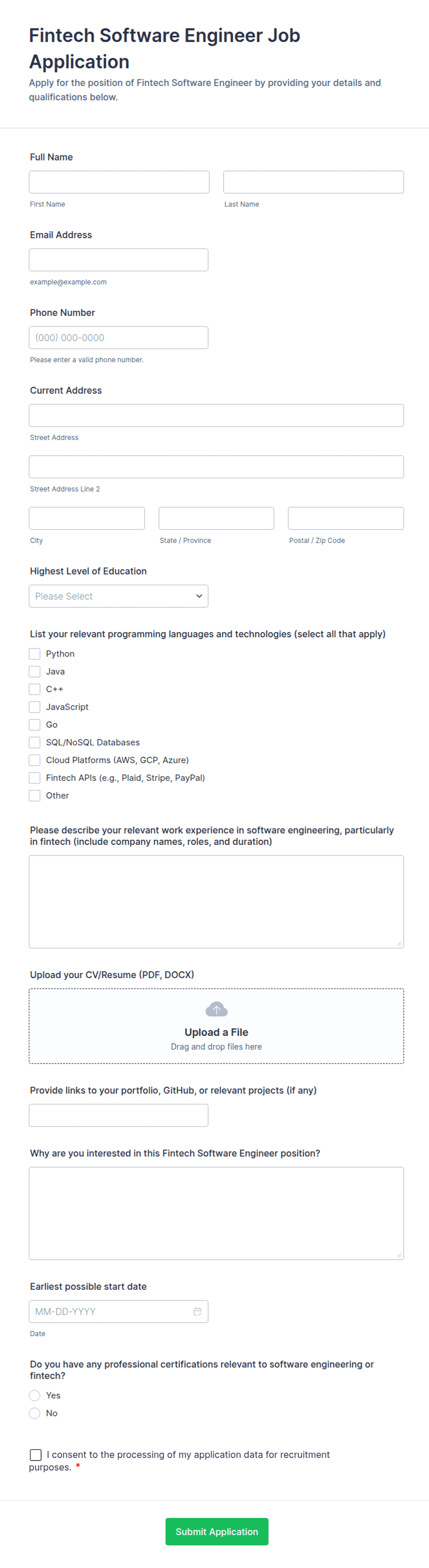 Fintech Software Engineer Job Application Form Template | Jotform