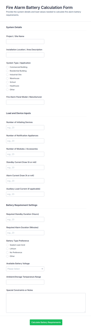Fire Alarm Battery Calculation Form Template