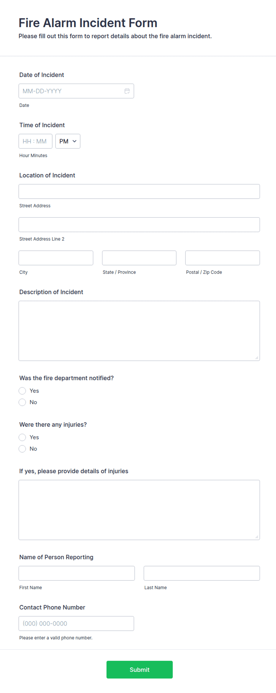 Portable Fire Form Fire Alarm Incident Form Template | Jotform