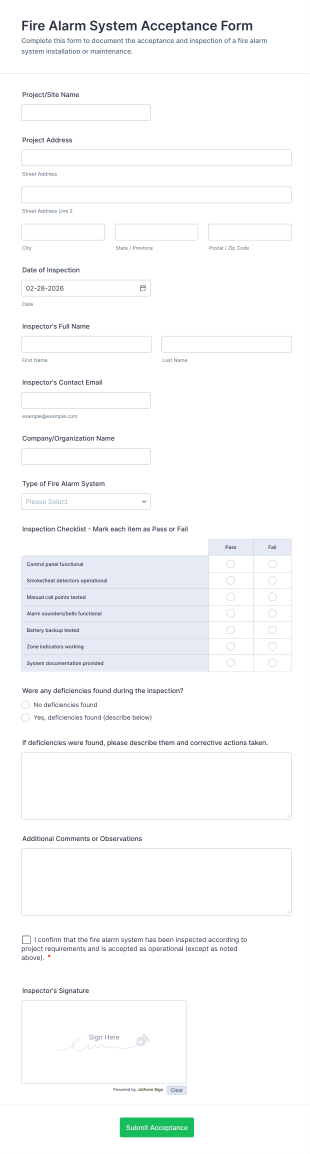 Fire Alarm System Acceptance Form Template