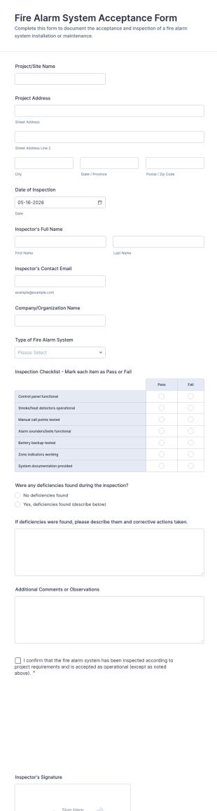 Fire Alarm System Acceptance Form Template
