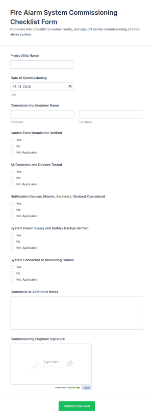 Fire Alarm System Commissioning Checklist Form Template