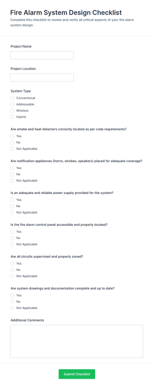 Fire Alarm System Design Checklist Form Template