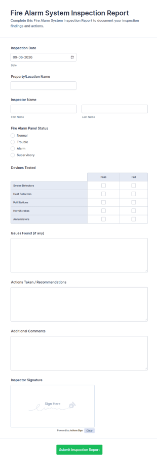 Fire Alarm System Inspection Report Form Template