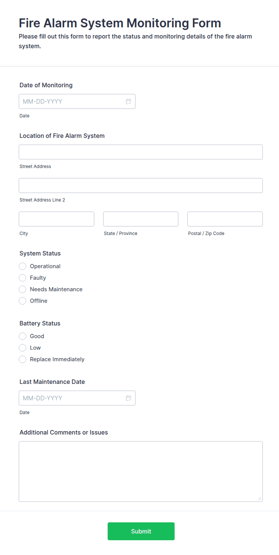 Fire Alarm System Monitoring Form Template | Jotform