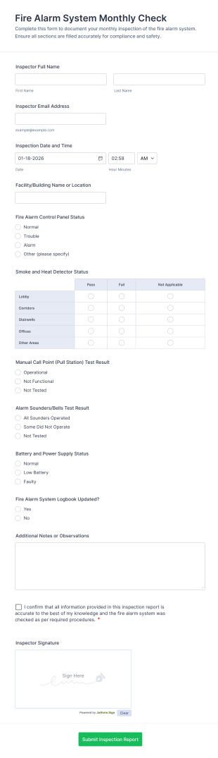 Fire Alarm System Monthly Check Form Template