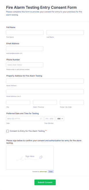 Fire Alarm Testing Entry Consent Form Template